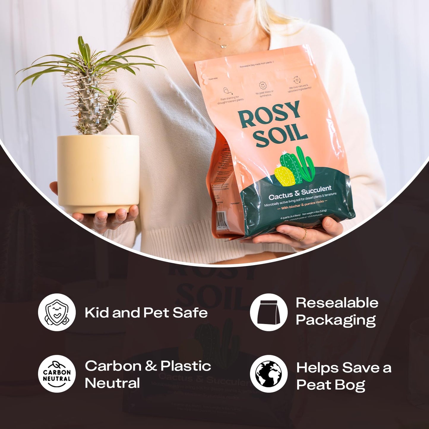 Rosy Soil Cactus Soil – Organic Succulent Potting Mix, Chunky Fast Draining, Peat-Free, Root Boosting Mix for AloeVera, Cacti, Indoor Succulents - 4qt