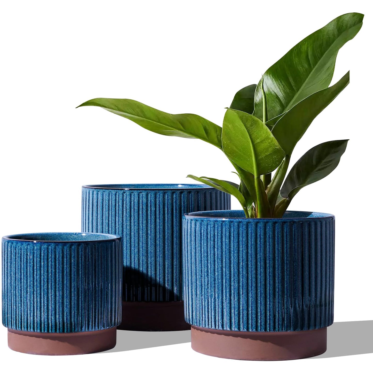 LE TAUCI Ceramic Plant Pots with Drainage Holes, Set of 3, 8+6.7+5.5 Inch Stripe Garden Planter Pots for Outdoor Indoor Plants Flower, Round Succulent Orchid Flower Pot, Reactive Glaze Black