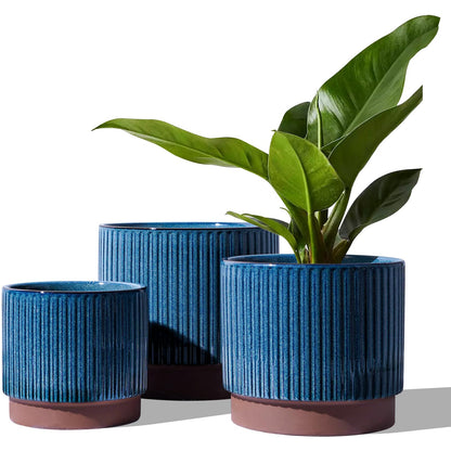 LE TAUCI Ceramic Plant Pots with Drainage Holes, Set of 3, 8+6.7+5.5 Inch Stripe Garden Planter Pots for Outdoor Indoor Plants Flower, Round Succulent Orchid Flower Pot, Reactive Glaze Black