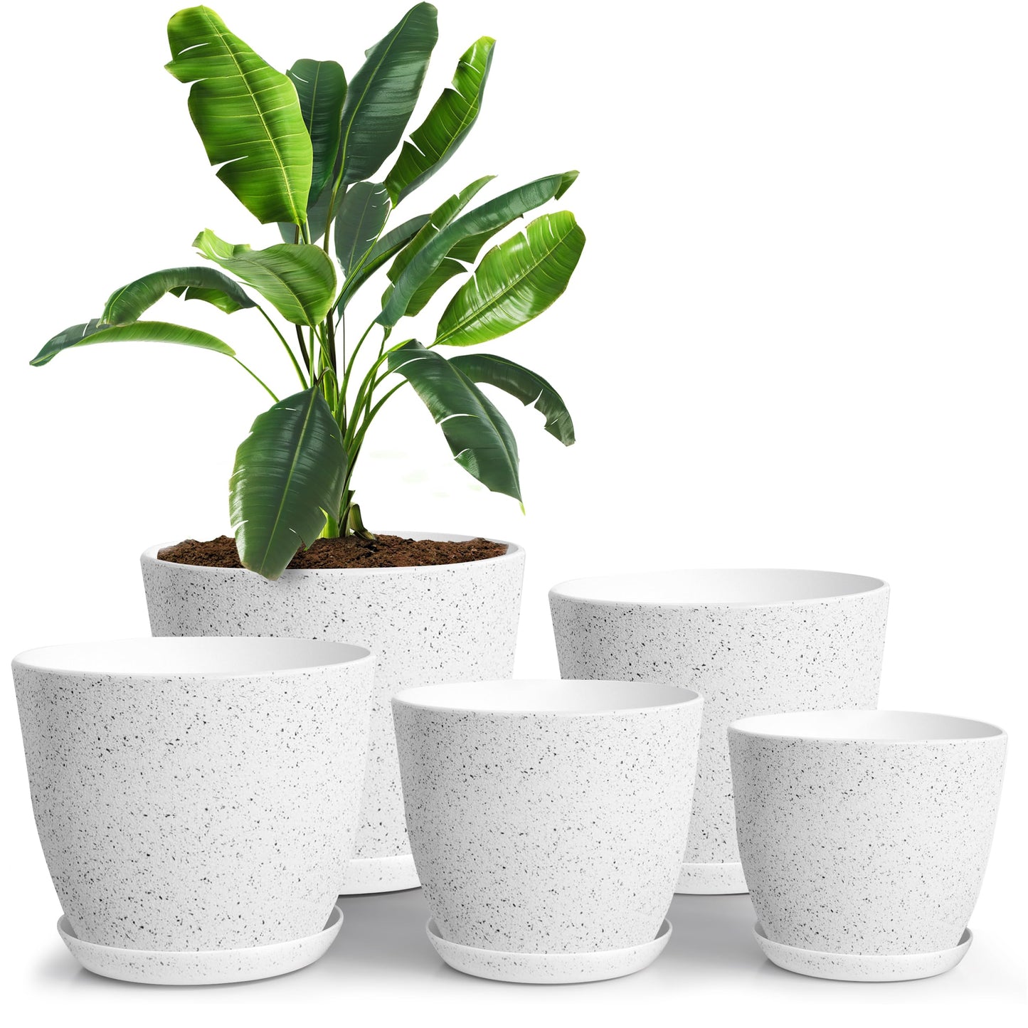 Utopia Home Plant Pots Indoor with Drainage Holes – Set of 5 White Plastic Flower Pots (7/6.6/6/5.3/4.8 Inch) – Modern Planters for Indoor Plants, Room & Office Décor, Great Stocking Stuffers