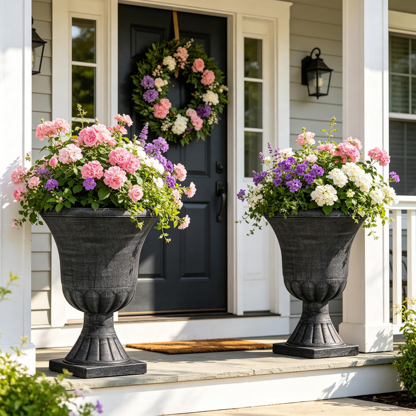 Autodaya 22" Urn Planters Outdoor Planter for Plants Set of 2 Timeless Plastic Large Flower Pot with Drainage Hole Terrazzo White Garden Pots for Porch, Patio Christmas Decor
