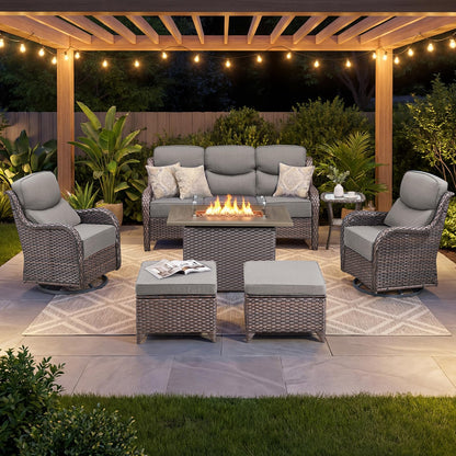 Luxury Patio Furniture Set with 6-inch Thick Cushion, Outdoor Furniture with Fire Pit Table, Swivel Chairs, Sofa, Side Table, Ottomans, 9pcs Wicker Conversation Set(Brown Wicker | Grey Cushion)