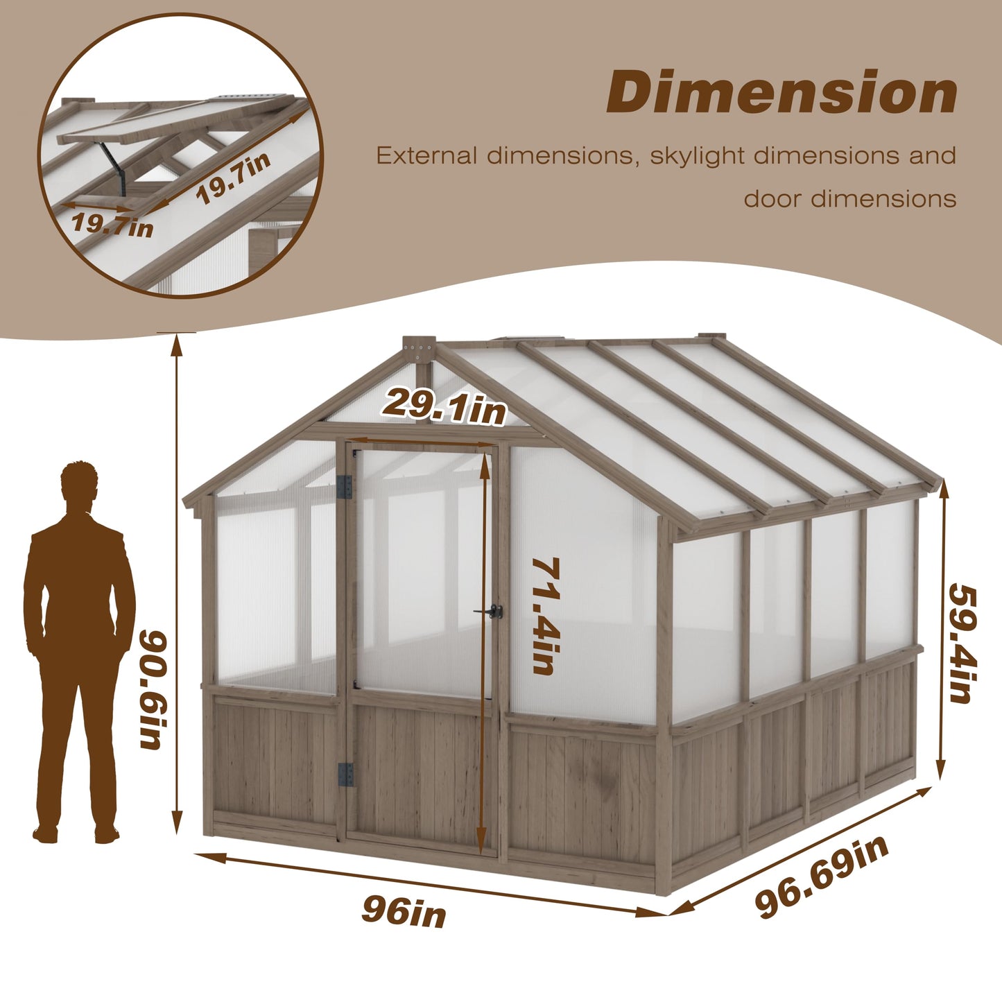 Yardenaler 8x16 FT Greenhouse for Outdoor, 6MM Thick Polycarbonate Panel Wooden Walk-in Green House with Adjustable Roof Vents and Lockable Door, Backyard Garden, Light Mocha Brown