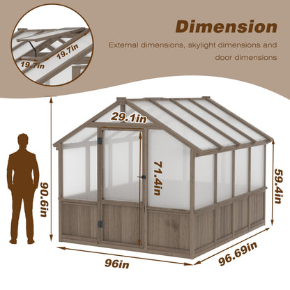 Yardenaler 8x16 FT Greenhouse for Outdoor, 6MM Thick Polycarbonate Panel Wooden Walk-in Green House with Adjustable Roof Vents and Lockable Door, Backyard Garden, Light Mocha Brown