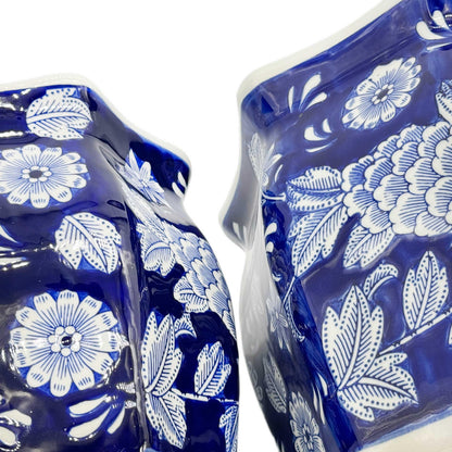 Galt International Blue & White Round Fluted Classic Floral Porcelain Ceramic Plant Flower Planter Pot Set of 3 (7.5", 10", 13") Garden Pots Chinese Asian Design