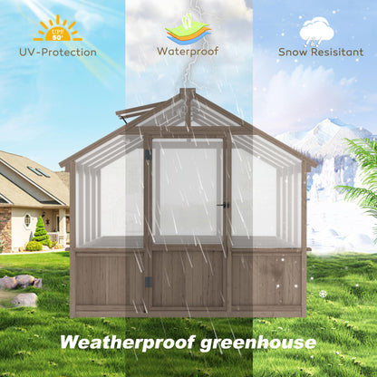 Yardenaler 8x16 FT Greenhouse for Outdoor, 6MM Thick Polycarbonate Panel Wooden Walk-in Green House with Adjustable Roof Vents and Lockable Door, Backyard Garden, Light Mocha Brown