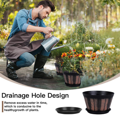Quarut Plant Pots Set of 4 Pack 12 inch,Large Whiskey Barrel Planters with Drainage Holes & Saucer.Plastic Flower Pots Imitation Wine Barrel Design, for Indoor & Outdoor Garden Home Plants (Brown)