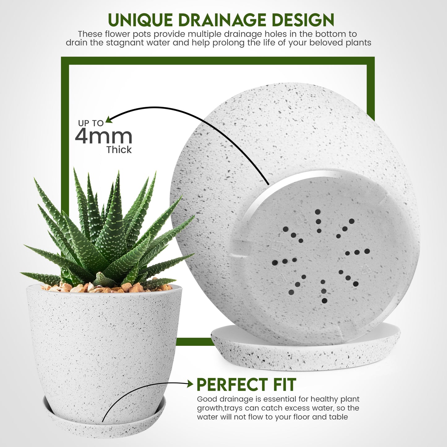 Utopia Home Plant Pots Indoor with Drainage Holes – Set of 5 White Plastic Flower Pots (7/6.6/6/5.3/4.8 Inch) – Modern Planters for Indoor Plants, Room & Office Décor, Great Stocking Stuffers
