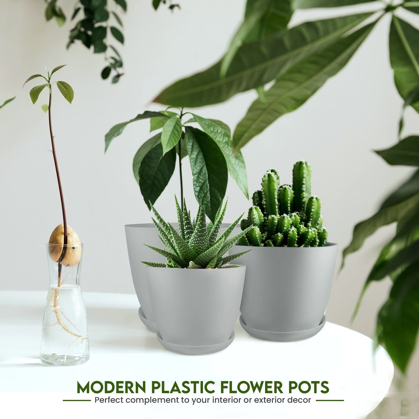 Utopia Home Plant Pots Indoor with Drainage Holes – Set of 5 White Plastic Flower Pots (7/6.6/6/5.3/4.8 Inch) – Modern Planters for Indoor Plants, Room & Office Décor, Great Stocking Stuffers