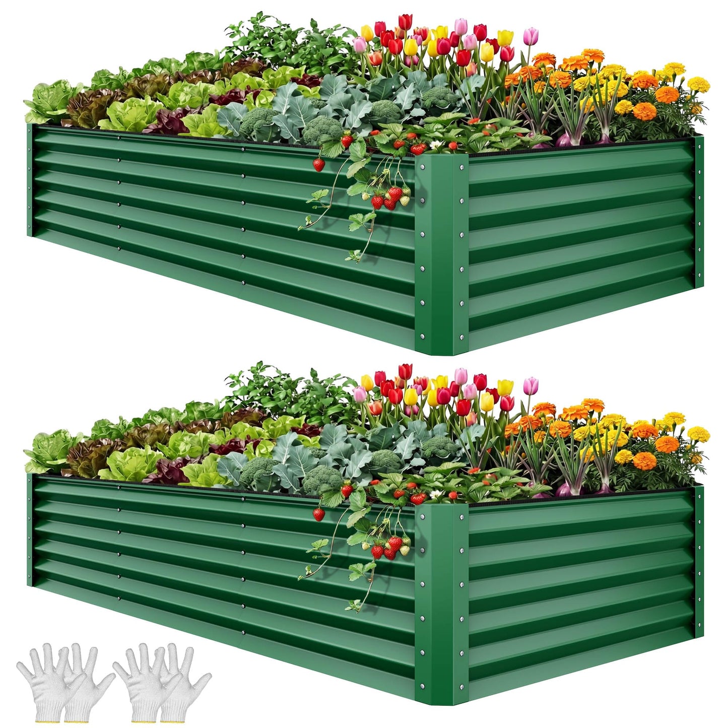 YITAHOME 8x4x1.5ft 2pcs Large Raised Garden Bed Kit, Galvanized Metal Planter Box with Gloves, Outdoor Above Ground Planters for Plants Vegetables Flowers, Silver