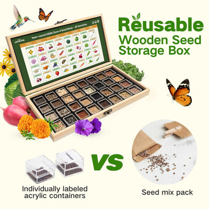 Lush&Dew Year-Round USDA Zone 9 Seed Bank, Gardening Gifts for Women Men, 32 Varieties Non-GMO Heirloom Seeds of Vegetables Herbs Fruits, Gift for Mom Dad, Survival Seed Kit for Raised Garden Beds