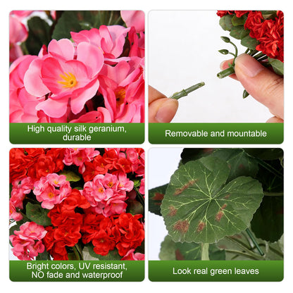 12 Bundles Artificial Geranium Fake Flowers for Outdoor UV Resistant, Outside Spring Red Flower Decoration for Home Kitchen Table Cemetery Garden Planter, Front Door Silk Faux Plants
