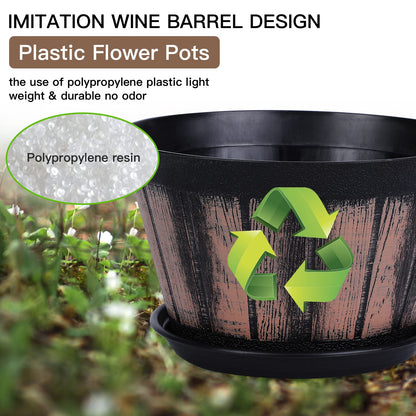 Quarut Plant Pots Set of 4 Pack 12 inch,Large Whiskey Barrel Planters with Drainage Holes & Saucer.Plastic Flower Pots Imitation Wine Barrel Design, for Indoor & Outdoor Garden Home Plants (Brown)