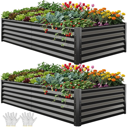 YITAHOME 8x4x1.5ft 2pcs Large Raised Garden Bed Kit, Galvanized Metal Planter Box with Gloves, Outdoor Above Ground Planters for Plants Vegetables Flowers, Silver
