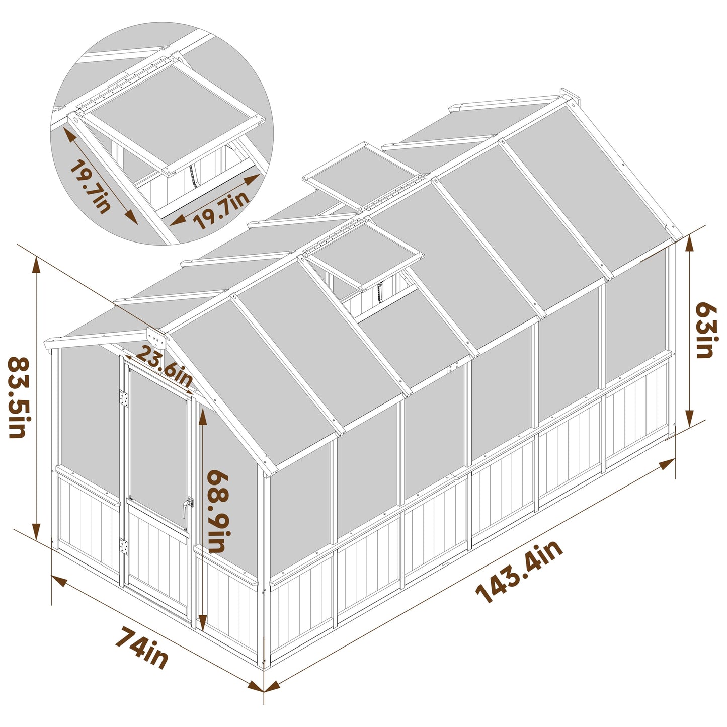 Yardenaler 8x16 FT Greenhouse for Outdoor, 6MM Thick Polycarbonate Panel Wooden Walk-in Green House with Adjustable Roof Vents and Lockable Door, Backyard Garden, Light Mocha Brown
