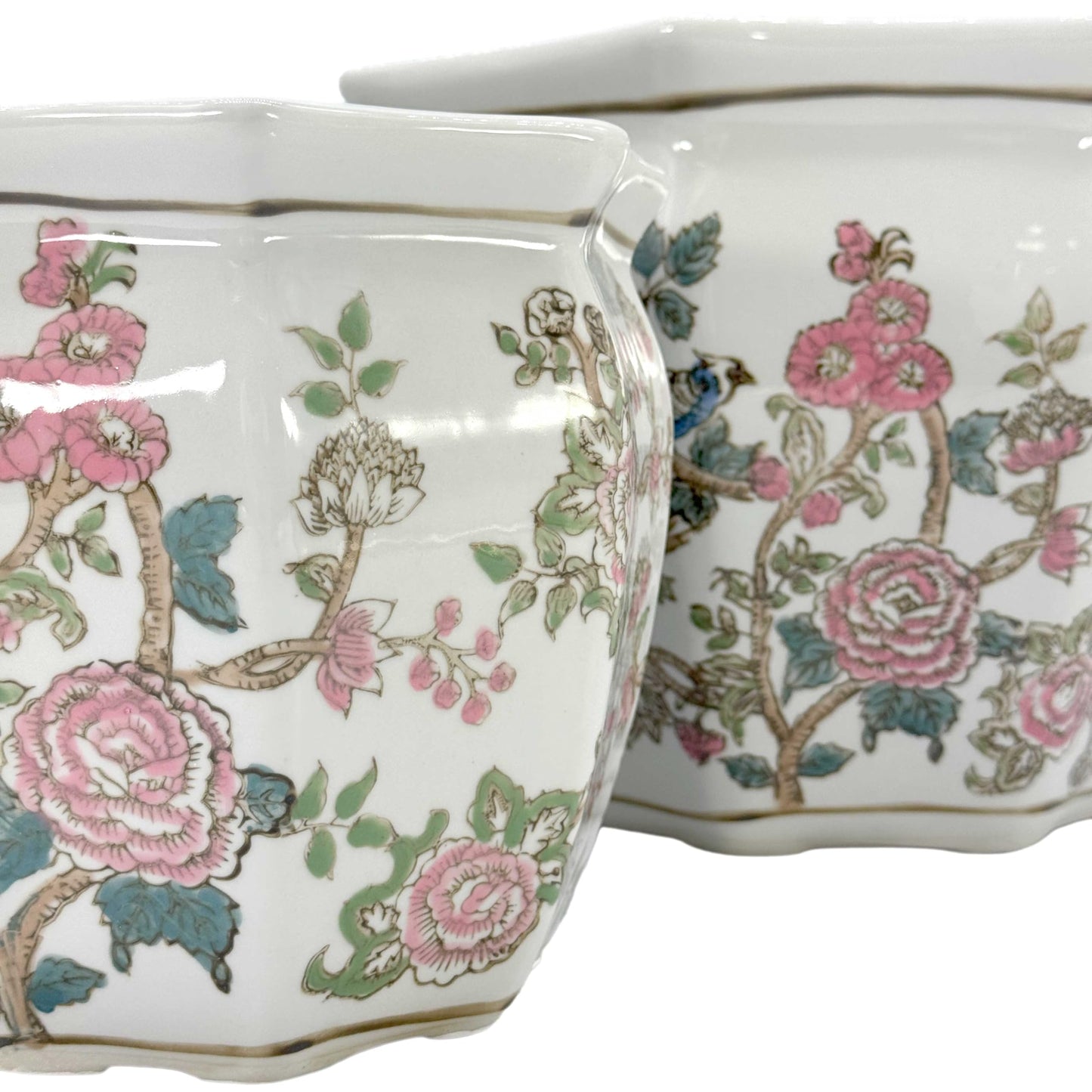Galt International Blue & White Round Fluted Classic Floral Porcelain Ceramic Plant Flower Planter Pot Set of 3 (7.5", 10", 13") Garden Pots Chinese Asian Design