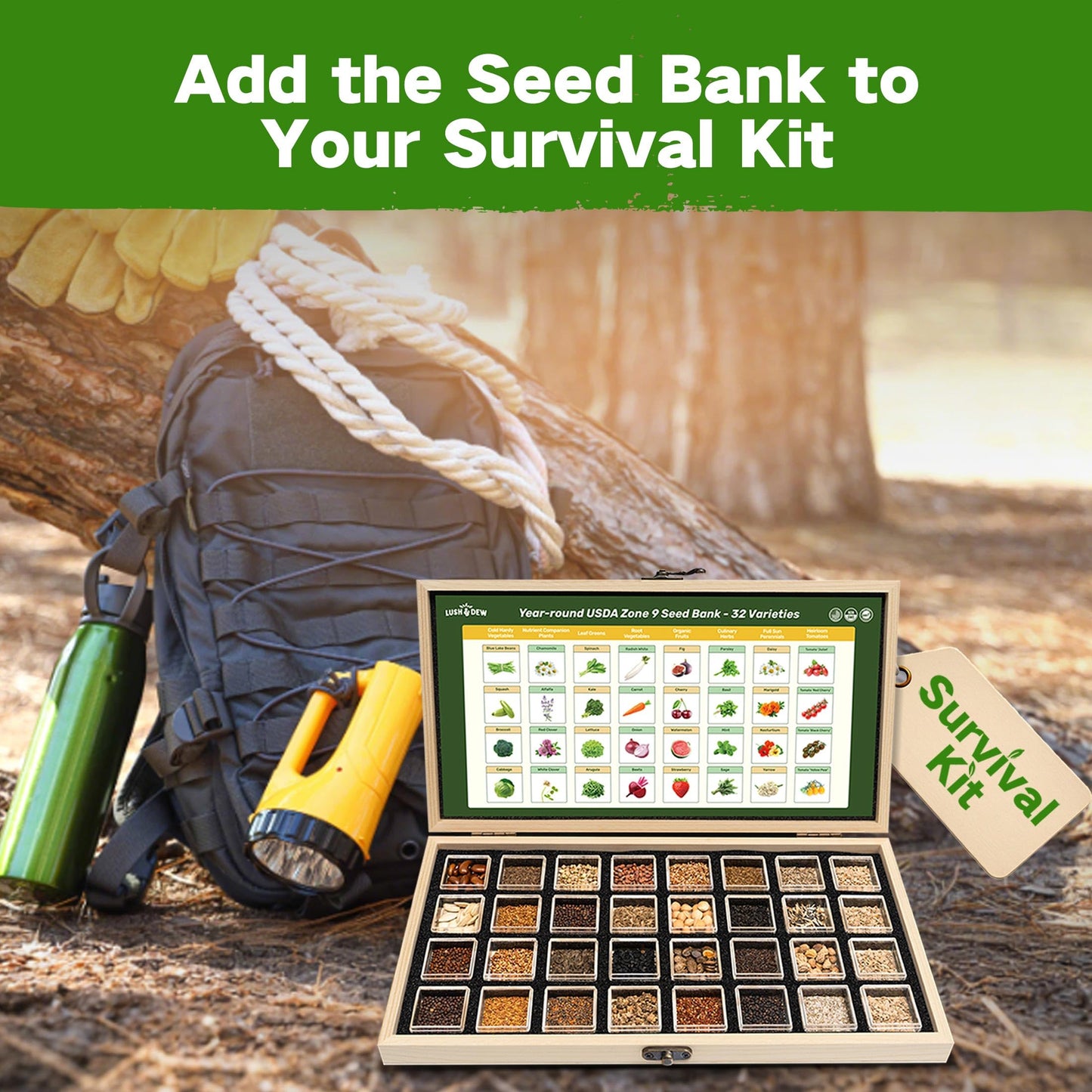 Lush&Dew Year-Round USDA Zone 9 Seed Bank, Gardening Gifts for Women Men, 32 Varieties Non-GMO Heirloom Seeds of Vegetables Herbs Fruits, Gift for Mom Dad, Survival Seed Kit for Raised Garden Beds