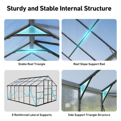 12x12 FT T-Shape Greenhouses, Polycarbonate Green House with UV Protection, Heavy Duty Greenhouse with Windproof Aluminum Frame, Roof Vent & Quick-Install Design for Backyard or Garden Use