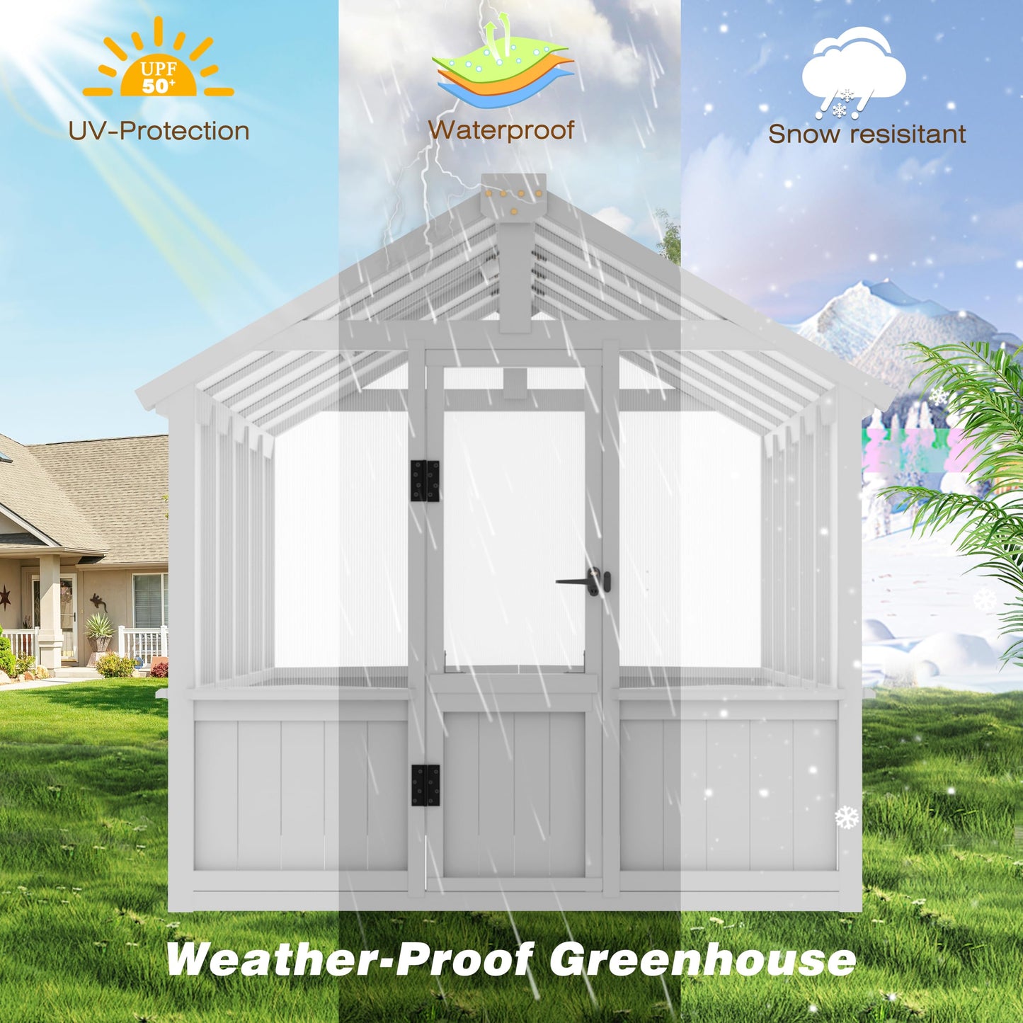 Yardenaler 8x16 FT Greenhouse for Outdoor, 6MM Thick Polycarbonate Panel Wooden Walk-in Green House with Adjustable Roof Vents and Lockable Door, Backyard Garden, Light Mocha Brown