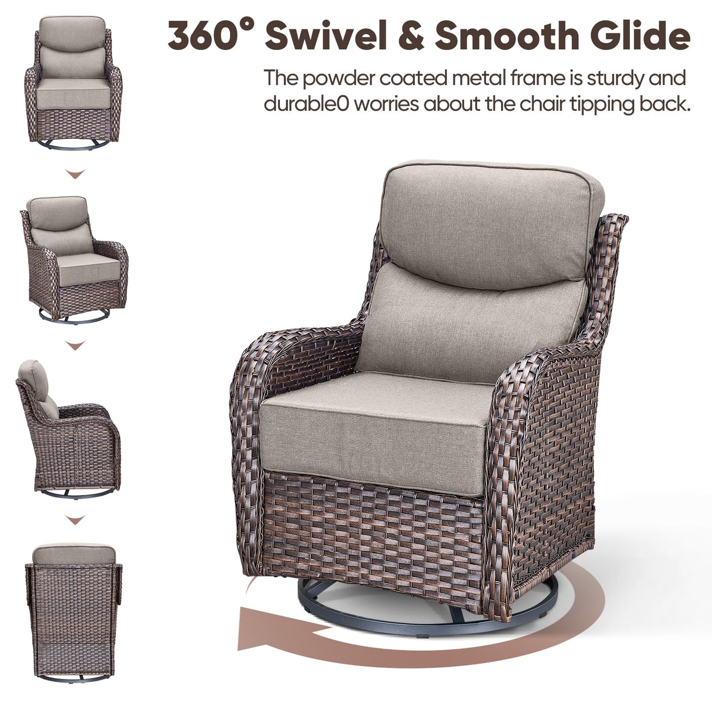 Luxury Patio Furniture Set with 6-inch Thick Cushion, Outdoor Furniture with Fire Pit Table, Swivel Chairs, Sofa, Side Table, Ottomans, 9pcs Wicker Conversation Set(Brown Wicker | Grey Cushion)