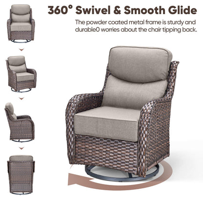 Luxury Patio Furniture Set with 6-inch Thick Cushion, Outdoor Furniture with Fire Pit Table, Swivel Chairs, Sofa, Side Table, Ottomans, 9pcs Wicker Conversation Set(Brown Wicker | Grey Cushion)