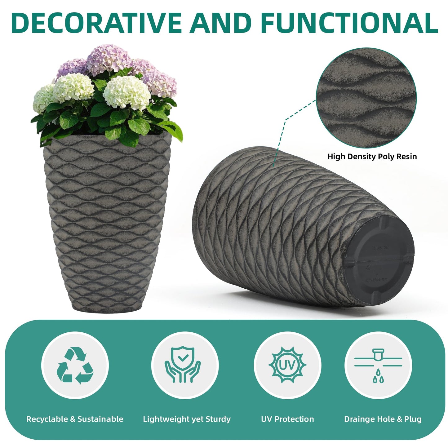 Autodaya 22" Urn Planters Outdoor Planter for Plants Set of 2 Timeless Plastic Large Flower Pot with Drainage Hole Terrazzo White Garden Pots for Porch, Patio Christmas Decor