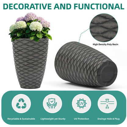 Autodaya 22" Urn Planters Outdoor Planter for Plants Set of 2 Timeless Plastic Large Flower Pot with Drainage Hole Terrazzo White Garden Pots for Porch, Patio Christmas Decor