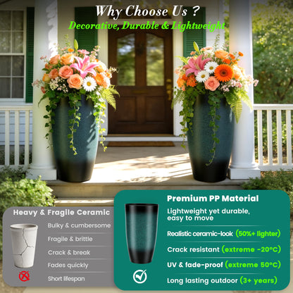 Autodaya 22" Urn Planters Outdoor Planter for Plants Set of 2 Timeless Plastic Large Flower Pot with Drainage Hole Terrazzo White Garden Pots for Porch, Patio Christmas Decor
