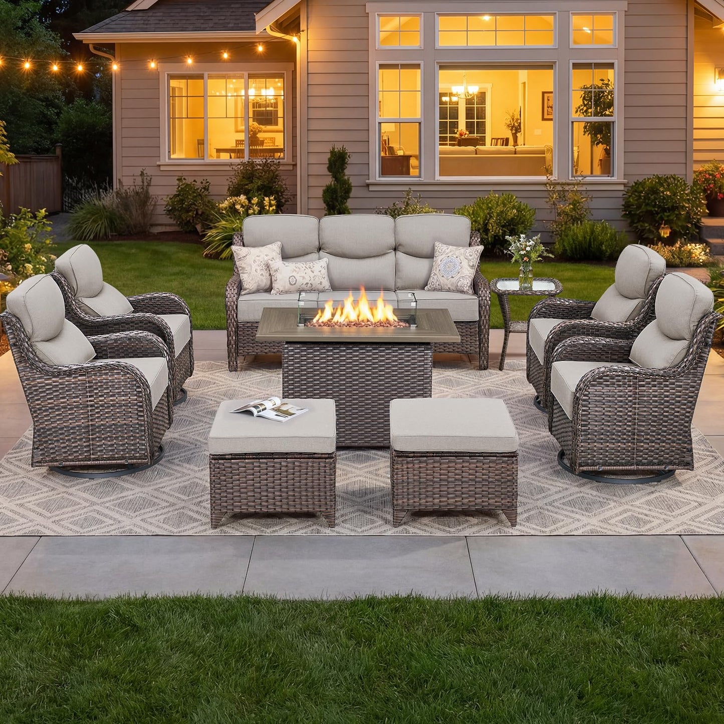 Luxury Patio Furniture Set with 6-inch Thick Cushion, Outdoor Furniture with Fire Pit Table, Swivel Chairs, Sofa, Side Table, Ottomans, 9pcs Wicker Conversation Set(Brown Wicker | Grey Cushion)