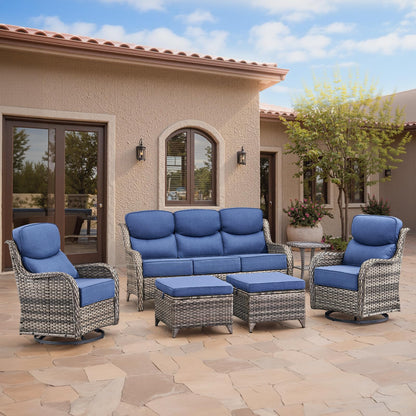 Luxury Patio Furniture Set with 6-inch Thick Cushion, Outdoor Furniture with Fire Pit Table, Swivel Chairs, Sofa, Side Table, Ottomans, 9pcs Wicker Conversation Set(Brown Wicker | Grey Cushion)