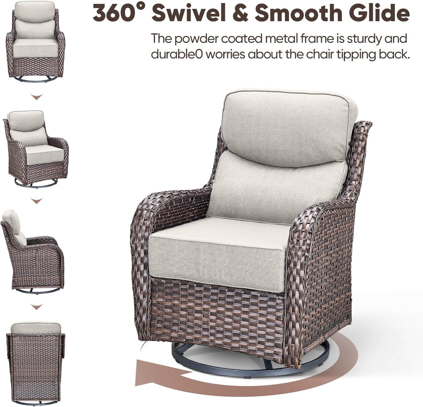 Luxury Patio Furniture Set with 6-inch Thick Cushion, Outdoor Furniture with Fire Pit Table, Swivel Chairs, Sofa, Side Table, Ottomans, 9pcs Wicker Conversation Set(Brown Wicker | Grey Cushion)