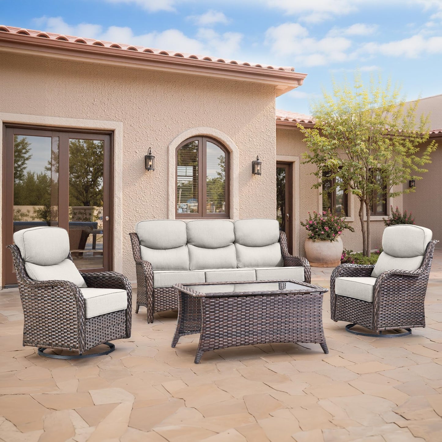 Luxury Patio Furniture Set with 6-inch Thick Cushion, Outdoor Furniture with Fire Pit Table, Swivel Chairs, Sofa, Side Table, Ottomans, 9pcs Wicker Conversation Set(Brown Wicker | Grey Cushion)