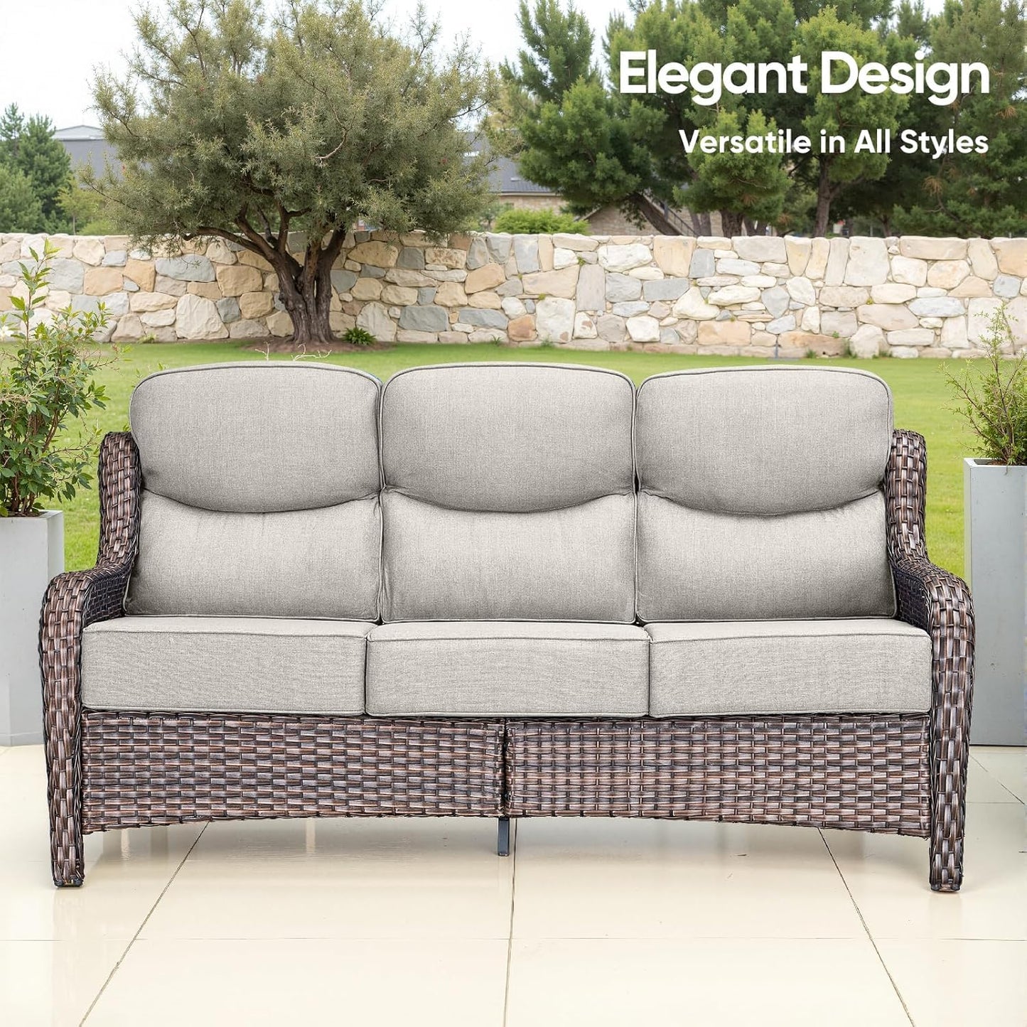 Luxury Patio Furniture Set with 6-inch Thick Cushion, Outdoor Furniture with Fire Pit Table, Swivel Chairs, Sofa, Side Table, Ottomans, 9pcs Wicker Conversation Set(Brown Wicker | Grey Cushion)