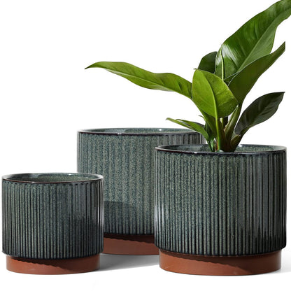 LE TAUCI Ceramic Plant Pots with Drainage Holes, Set of 3, 8+6.7+5.5 Inch Stripe Garden Planter Pots for Outdoor Indoor Plants Flower, Round Succulent Orchid Flower Pot, Reactive Glaze Black