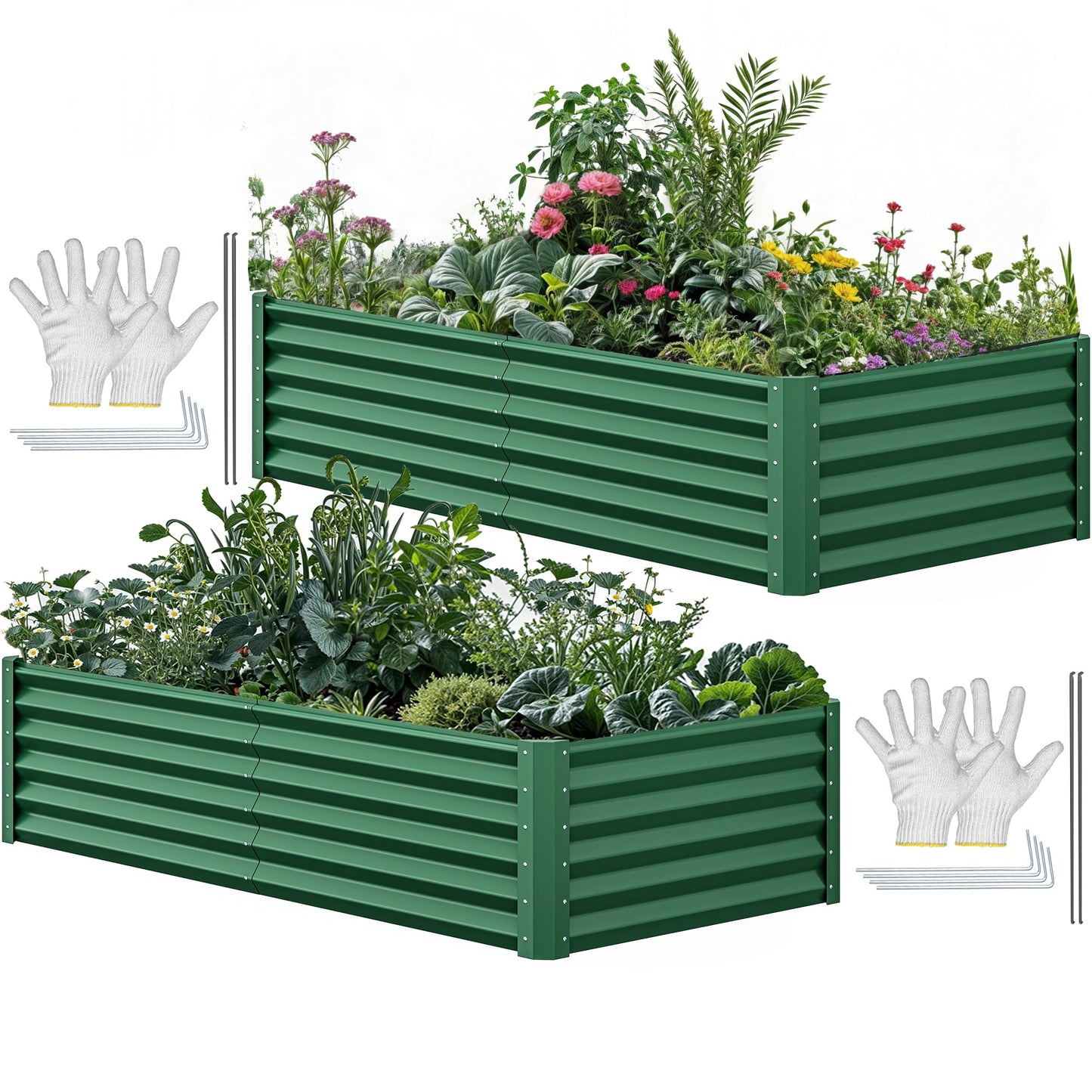 YITAHOME 6pcs 8x4x2 ft Galvanized Raised Garden Bed Kit, Large Metal Planter Box with Gloves, Safety Rubber & Support Rod, Outdoor Flower Bed for Plants Vegetables, Green