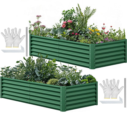 YITAHOME 6pcs 8x4x2 ft Galvanized Raised Garden Bed Kit, Large Metal Planter Box with Gloves, Safety Rubber & Support Rod, Outdoor Flower Bed for Plants Vegetables, Green