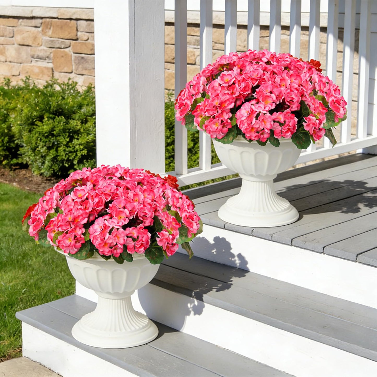 12 Bundles Artificial Geranium Fake Flowers for Outdoor UV Resistant, Outside Spring Red Flower Decoration for Home Kitchen Table Cemetery Garden Planter, Front Door Silk Faux Plants