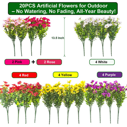 Grunyia 20 Bundles Artificial Flowers for Outdoors, UV Resistant Fake Plants Flowers Greenery Shrubs Plants for Decoration Outside Plants Hanging Planter Home Garden Decor