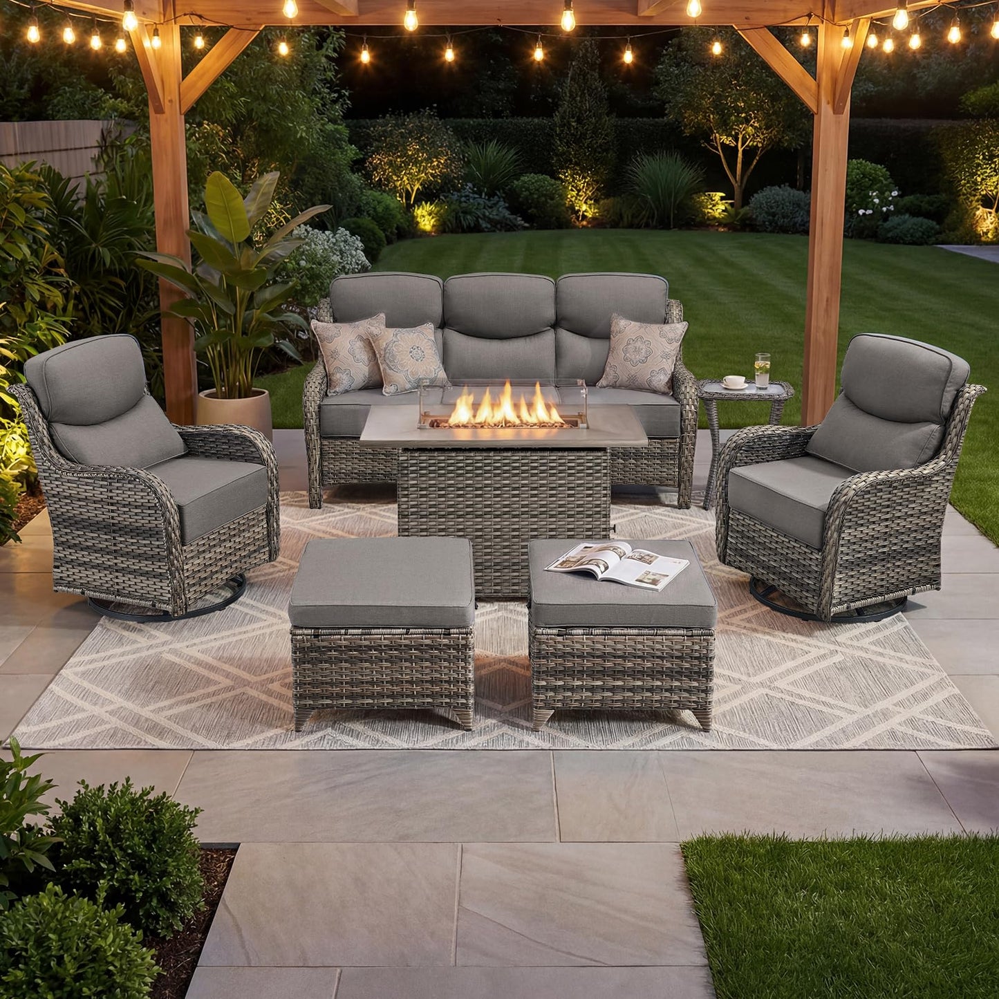 Luxury Patio Furniture Set with 6-inch Thick Cushion, Outdoor Furniture with Fire Pit Table, Swivel Chairs, Sofa, Side Table, Ottomans, 9pcs Wicker Conversation Set(Brown Wicker | Grey Cushion)