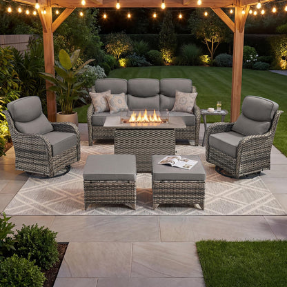 Luxury Patio Furniture Set with 6-inch Thick Cushion, Outdoor Furniture with Fire Pit Table, Swivel Chairs, Sofa, Side Table, Ottomans, 9pcs Wicker Conversation Set(Brown Wicker | Grey Cushion)