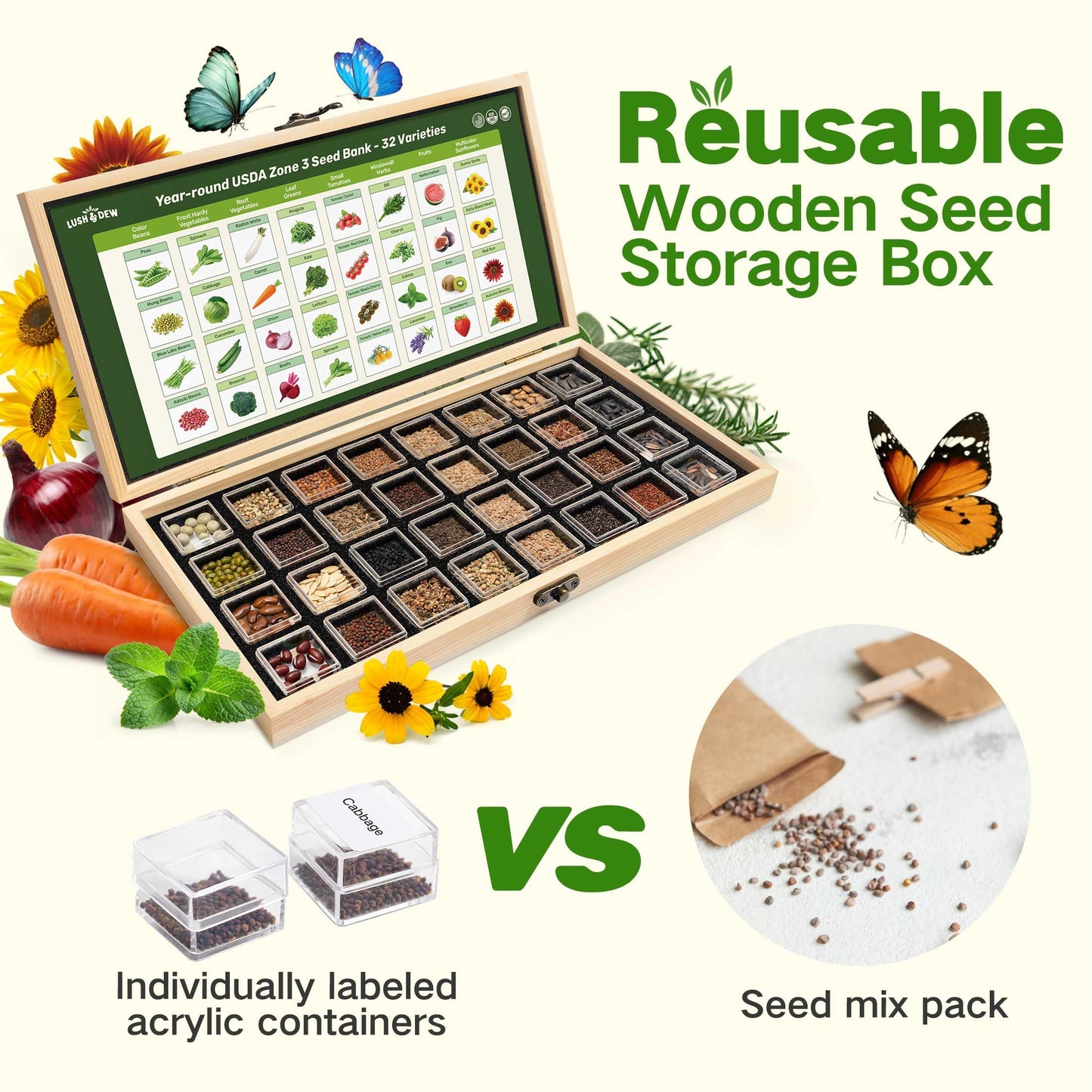 Lush&Dew Year-Round USDA Zone 9 Seed Bank, Gardening Gifts for Women Men, 32 Varieties Non-GMO Heirloom Seeds of Vegetables Herbs Fruits, Gift for Mom Dad, Survival Seed Kit for Raised Garden Beds