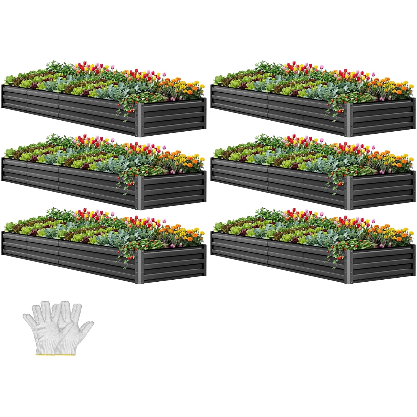 YITAHOME 6pcs 8x4x2 ft Galvanized Raised Garden Bed Kit, Large Metal Planter Box with Gloves, Safety Rubber & Support Rod, Outdoor Flower Bed for Plants Vegetables, Green