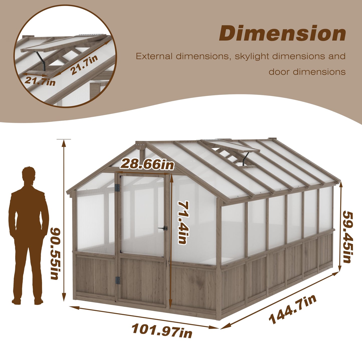 Yardenaler 8x16 FT Greenhouse for Outdoor, 6MM Thick Polycarbonate Panel Wooden Walk-in Green House with Adjustable Roof Vents and Lockable Door, Backyard Garden, Light Mocha Brown