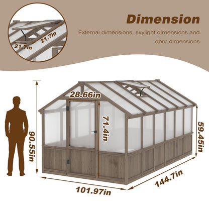 Yardenaler 8x16 FT Greenhouse for Outdoor, 6MM Thick Polycarbonate Panel Wooden Walk-in Green House with Adjustable Roof Vents and Lockable Door, Backyard Garden, Light Mocha Brown