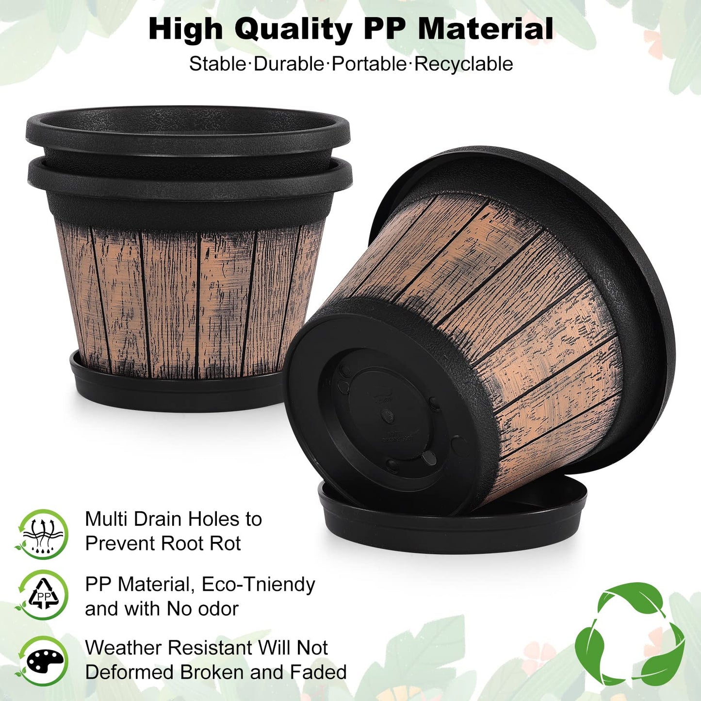 Quarut Plant Pots Set of 4 Pack 12 inch,Large Whiskey Barrel Planters with Drainage Holes & Saucer.Plastic Flower Pots Imitation Wine Barrel Design, for Indoor & Outdoor Garden Home Plants (Brown)