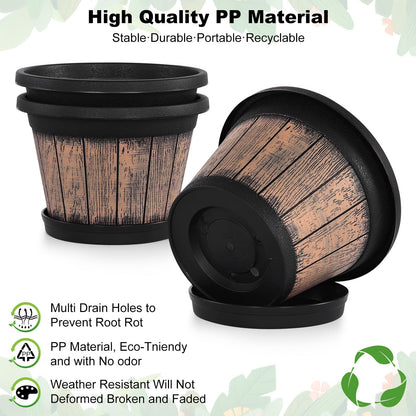Quarut Plant Pots Set of 4 Pack 12 inch,Large Whiskey Barrel Planters with Drainage Holes & Saucer.Plastic Flower Pots Imitation Wine Barrel Design, for Indoor & Outdoor Garden Home Plants (Brown)