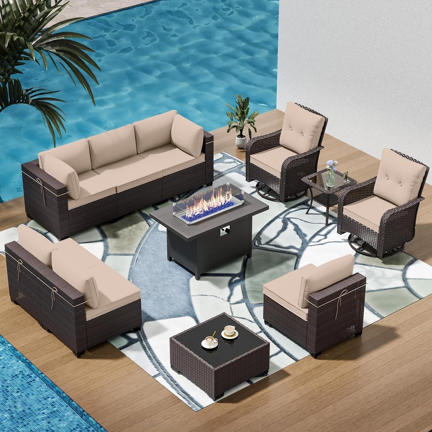 13 PCS Outdoor Patio Furniture Set,Outdoor Sectional Furniture with 43" 55000 BTU Gas Propane Fire Pit Table,All Weather PE Rattan Wicker Patio Conversation Set,Navy Blue