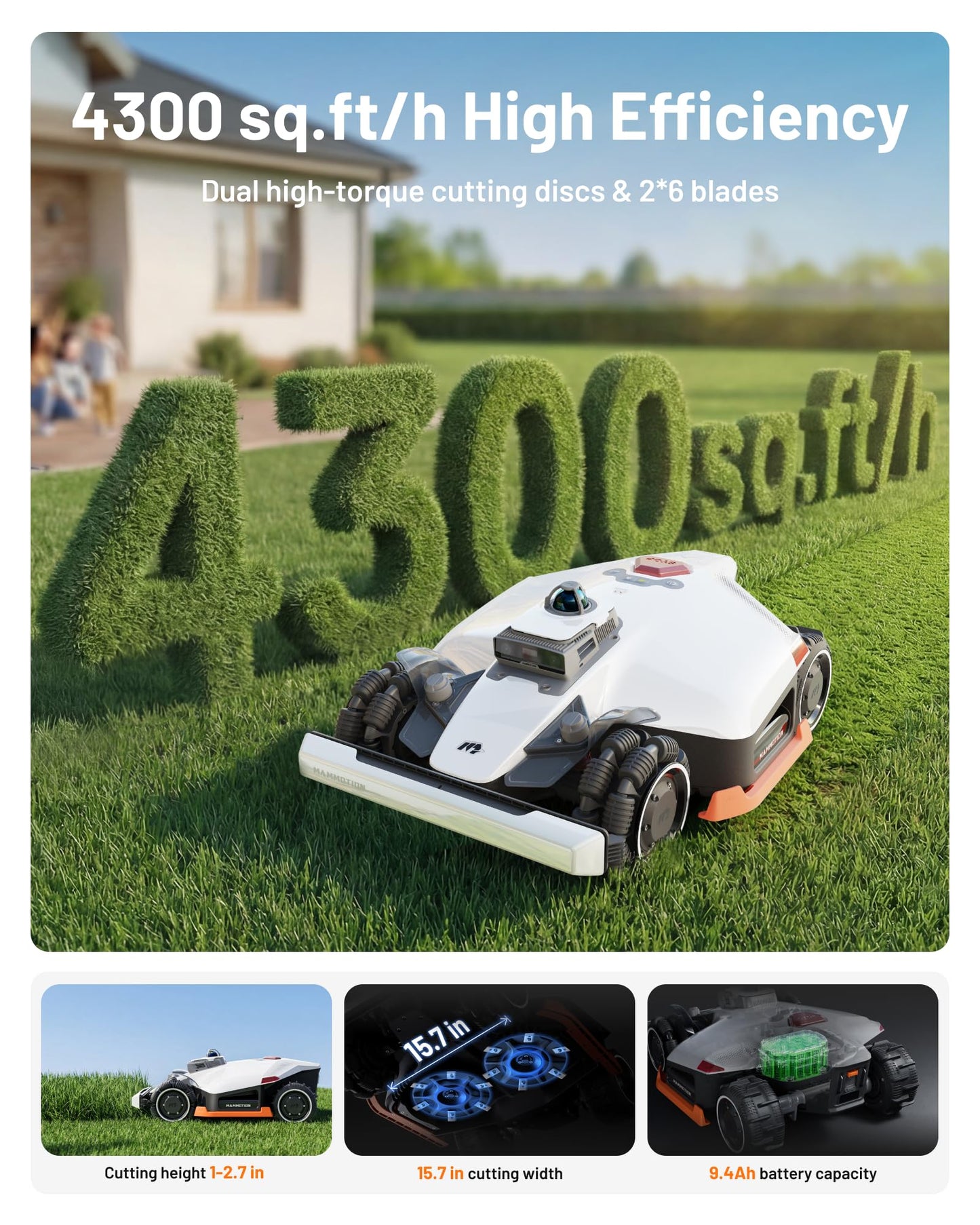 Mammotion LUBA 3 AWD 5000H Robot Lawn Mower with Garage (Ship Separately), 1.25 Acres, 360° LiDAR+NetRTK+AI Vision, All-Wheel-Drive for 80% Slopes, 50 Multi-Zone Management, Cutting Height 2.2"-4.0"