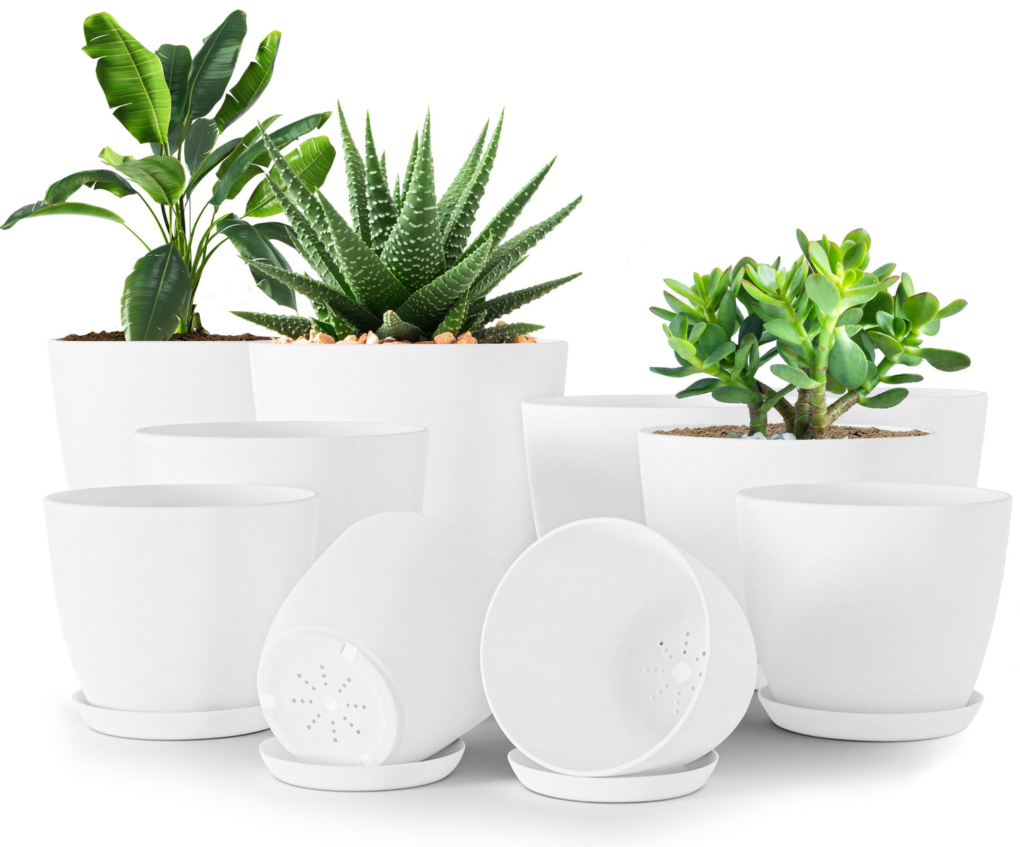 Utopia Home Plant Pots Indoor with Drainage Holes – Set of 5 White Plastic Flower Pots (7/6.6/6/5.3/4.8 Inch) – Modern Planters for Indoor Plants, Room & Office Décor, Great Stocking Stuffers