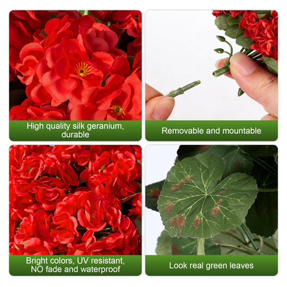 12 Bundles Artificial Geranium Fake Flowers for Outdoor UV Resistant, Outside Spring Red Flower Decoration for Home Kitchen Table Cemetery Garden Planter, Front Door Silk Faux Plants
